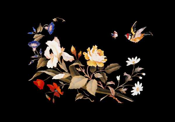 A Florentine Pietra Dura Panel, Inset With A Goldfinch Chasing A Butterfly Above A Floral Bouquet à 