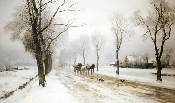 An Extensive Winter Landscape With A Horse And Cart à 
