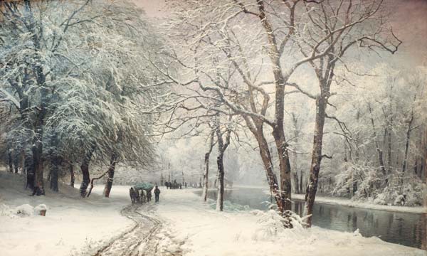 A Winter Landscape With Horses And Carts By A River à 