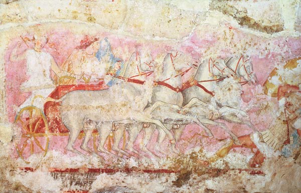 Amazons driving a chariot, detail from the side of the sarcophagus of the Amazons, Tarquinia, 4th ce à 