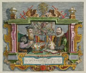 A Hand Coloured Engraving Of Cartographers Gerard Mercator (1512-1594) And Jodocus Hondius (1563-161