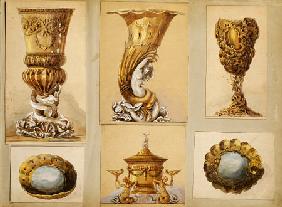 A Selection Of Designs From The House Of Carl Faberge Including Silver Gilt Vases, Two Oval Scallope