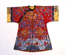 A Semi Formal Robe Of Red Satin Embroidered In Silks And Gilt Thread With Dragons Amidst Scrolling C