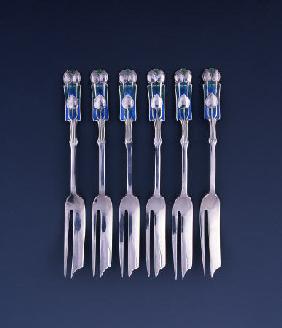 A Set Of Six Liberty Silver And Enamel Pastry Forks