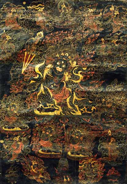 A Black Tibetan Thanka In Gold, Grey And Red Depicting Dharmapala à 