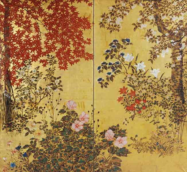 A Two Leaf Japanese Screen On Gold Paper With Maple Branches, Camellias, Hydrangeas, Cherry Flowers, à 