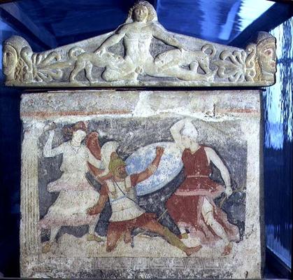 A Greek fighting two Amazons from the end of the sarcophagus of the Amazons, with Acteon torn apart à 