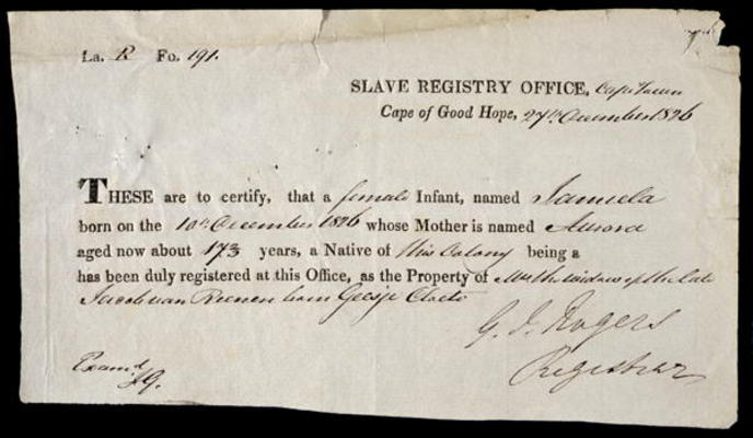A Slave Registration Certificate, Cape Town, 27 December 1826 (pen and ink on paper) à 
