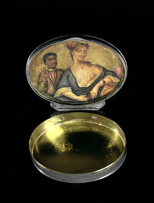 A snuff box, with inner picture of a mistress and her black servant, London, c.1740 (silver) à 
