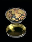 A snuff box, with inner picture of a mistress and her black servant, London, c.1740 (silver)