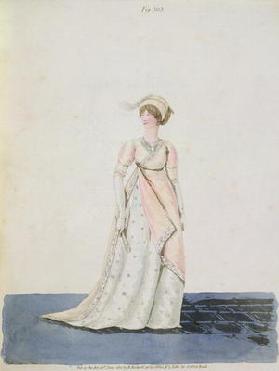 Afternoon dress, fig. 303 from Nikolaus Heideloff's 'Gallery of Fashion', Vol II, June 1801 (aquatin