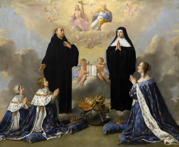 Anna of Austria with her children, praying to the Holy Trinity with Saints Benedict and Scholastica à 
