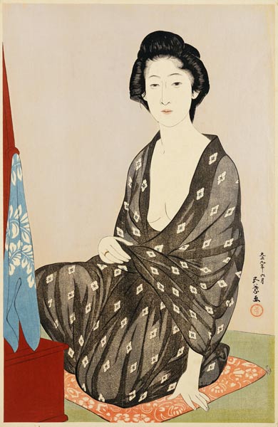 A Beauty In A Black Kimono With White Hanabishi Patterns Seated Before A Mirror à 
