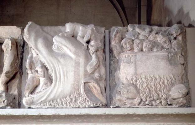Bas-relief depiction of hell, showing figures being consumed by a monster and sinners boiling in a c à 