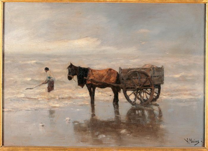 Cart on the beach sea sky clouds wind horse waves grey. à 