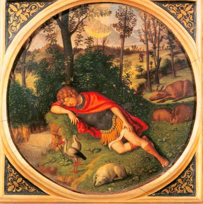 Circle young man sleeping mantle cloak red curls dog rabbits storks ox bushes trees trunks wood stre à 