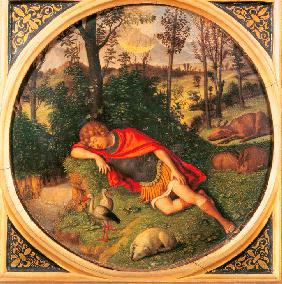 Circle young man sleeping mantle cloak red curls dog rabbits storks ox bushes trees trunks wood stre