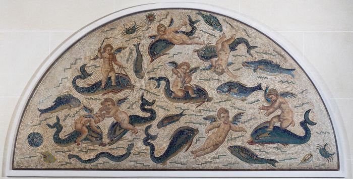 Cupids playing with dolphins, mosaic decoration of a fountain from Utica à 