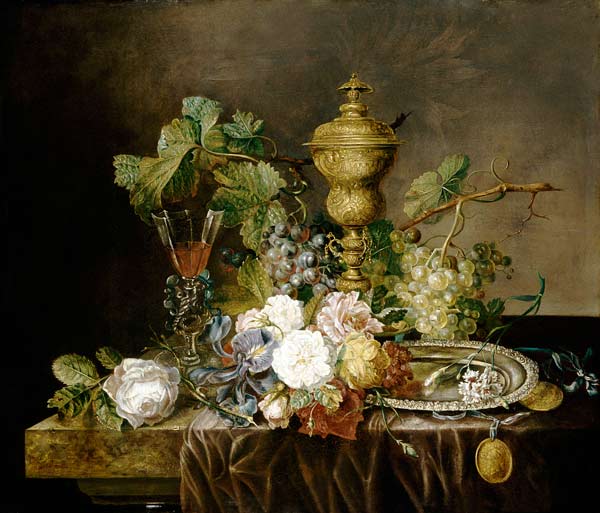 A Still Life With Roses, Carnations, An Iris, Grapes, A Silver Plate, Two Medallions, A ''Facon De V à 