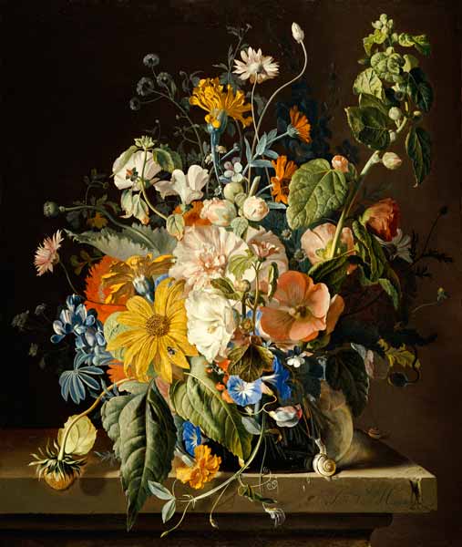 Poppies, Hollyhock, Morning Glory, Viola, Daisies, Sweet Pea, Marigolds And Other Flowers In A Vase à 