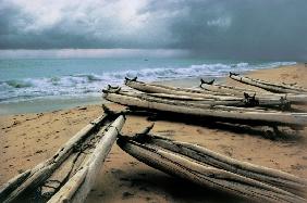 Catamarans fishing boats at beach (photo) 