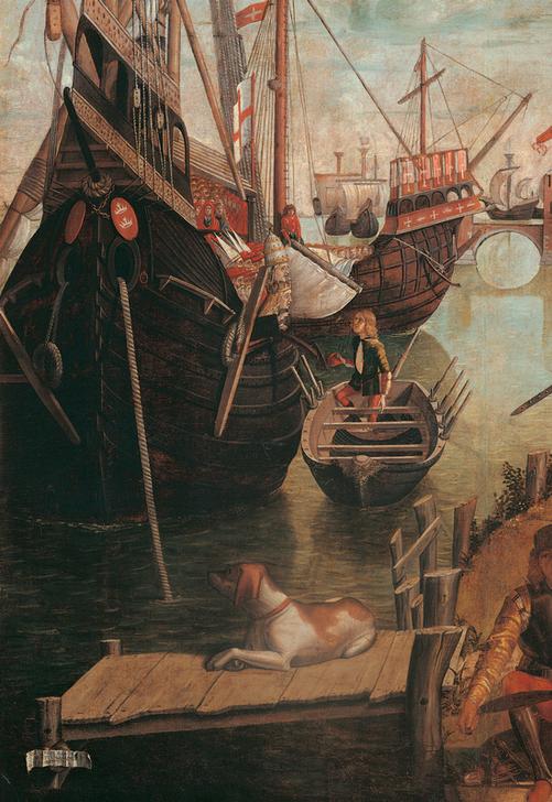 Detail. Moored galley figures small boat barge oars man sailor seaman pier dog. à 