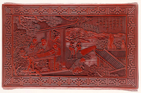 Detail From A Red Lacquer Rectangular Low Table Top, Depicting A Scholar In A Pavilion With Three At à 