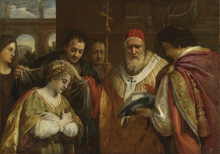 Saint Domitilla receiving the veil from Pope Clement I à 