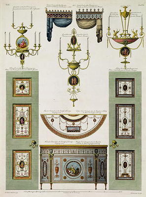 Designs for curtain cornices, girandoles and folding doors, 1774, by Robert Adam (1728-92) (and deta à 