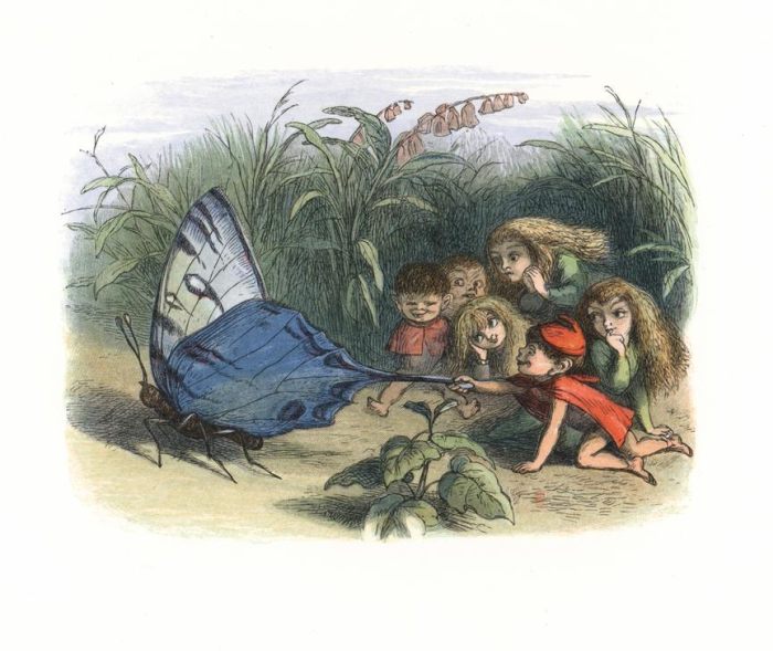 Elves and fairies teasing a butterfly by pulling its wing. à 