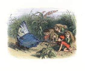 Elves and fairies teasing a butterfly by pulling its wing.