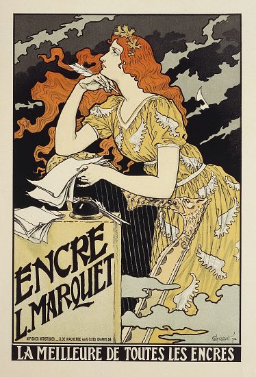 Encre L. Marquet, La Meilleure de Toutes les Encres. Advertisement for Marquet ink, illustration by  à 