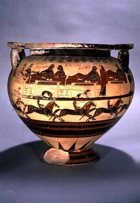 Early Corinthian black-figure column-krater depicting Herakles dining with Eurytos and his sons, wai à 
