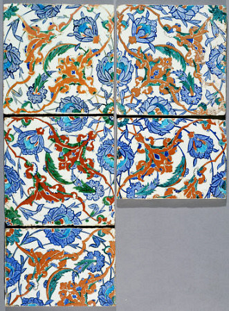 Five Iznik Polychrome Square Tiles à 