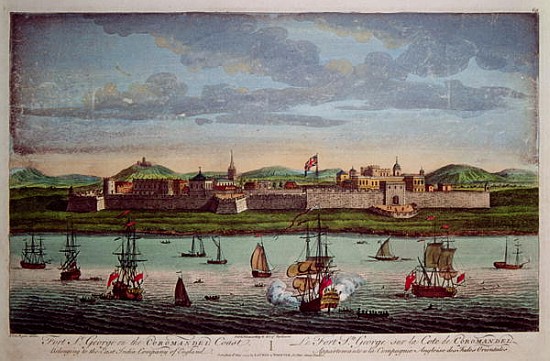 Fort St. George, Coromandel Coast, India. Coloured engraving by I Van Ryne à 