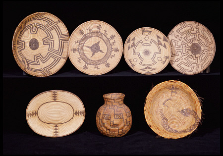 Four Apache Coiled Trays, A Chemehuevi Polychrome Coiled Tray, An Apache Polychrome Coiled Jar, Olla à 