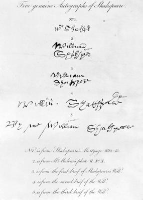 Five Genuine Autographs of William Shakespeare (1564-1616) (engraving) (b&w photo) à 