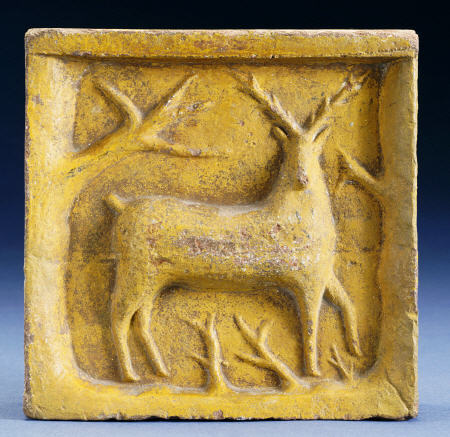 Glazed Earthenware Brick, With A Molded Decoration In The Form Of A Deer And Branches à 