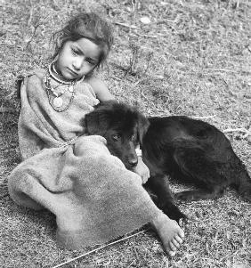 Girl and dog, Garhwal (b/w photo) 