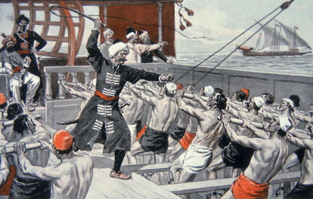 Galley Slaves of the Barbary Corsairs (coloured litho) à 