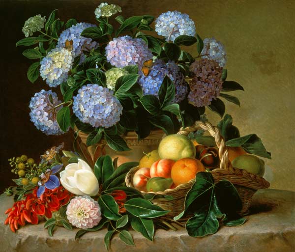 Hydrangea In An Urn And A Basket Of Fruit On A Ledge à 