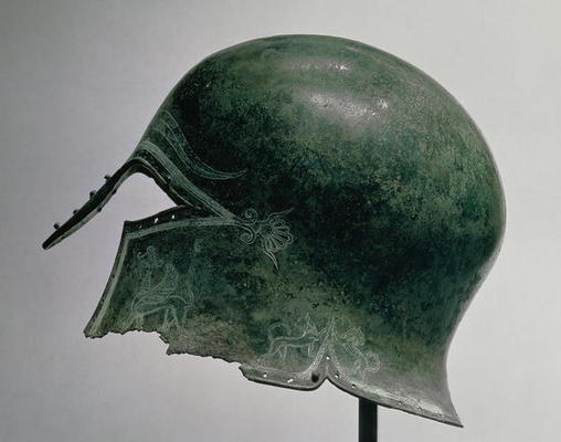 Helmet with incised decoration, Greek, c.5th century BC (bronze) à 