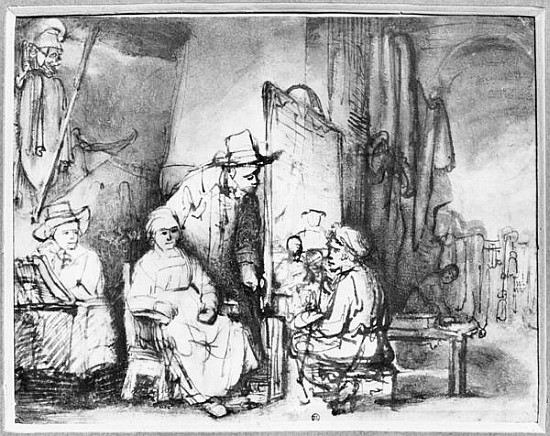 Interior of a studio with a painter painting the portrait of a couple (pen, ink, bistre & wash on pa à 