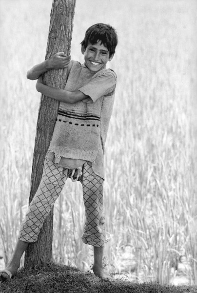 Kashmiri boy holding tree trunk (b/w photo)  à 