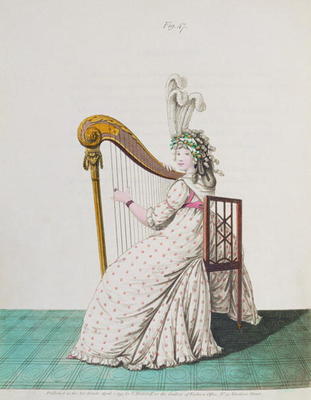 Lady playing the harp in evening dress from Nikolaus Heideloff's Gallery of Fashion, Vol II, April 1 à 