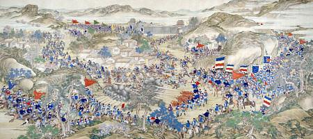 Large Handscroll Painted In Ink And Colours On Silk Depicting A Battle Scene à 