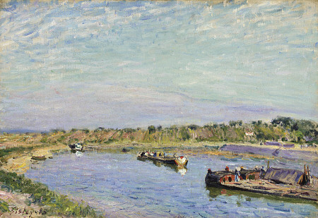 Le Port De Saint Mammes, Le Matin  Alfred Sisley (1839-1899) Oil On Canvas  15 1/4  X 21 5/8 In à 