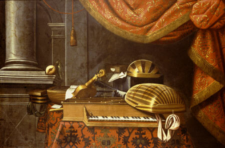 Lutes With A Clavichord On A Table, A Red Curtain Above à 