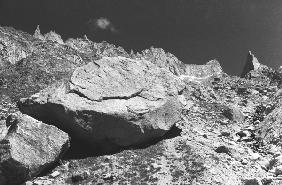 Lunar landscape before Kunzum Pass (b/w photo) 