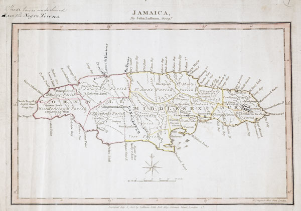 Map of Jamaica showing maroon settlements underlined, where runaway slaves found refuge, 1805 (ink o à 